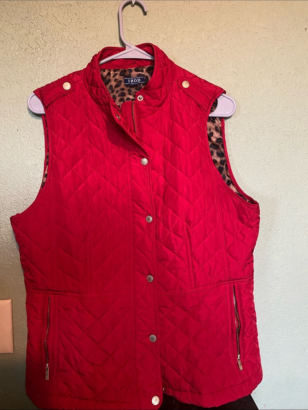 Izod Quilted Red Women's Vest with Leopard-Print Lining